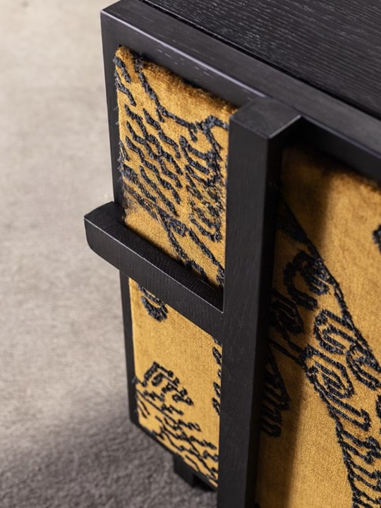 Black and Gold Upholstered Nightstand, Solid Wood Bedside Cabinet with Abstract Pattern Panels, Vintage Accent Storage Cabinet, Small End Table for Bedroom, Living Room, Guest Room, and Hallway