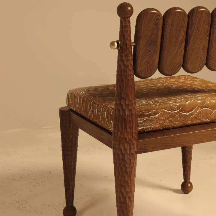 Warm Walnut Brown Solid Wood Dining Chair, Sculptural Five-Panel Back Side Chair with Camel Textured Fabric Cushion, Tapered Legs and Ball Feet for Dining Room, Living Room, Study and Bedroom