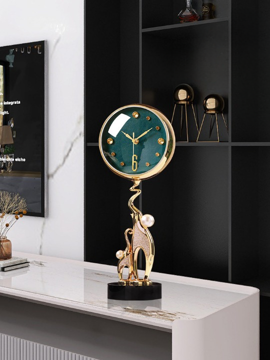 Green and Gold Elephant Table Clock, Rhinestone-Inlaid Decorative Mantel Clock with Textured Dial, Faux Pearl Accents and Black Pedestal Base for Living Room, Office, Bedroom and Console Table