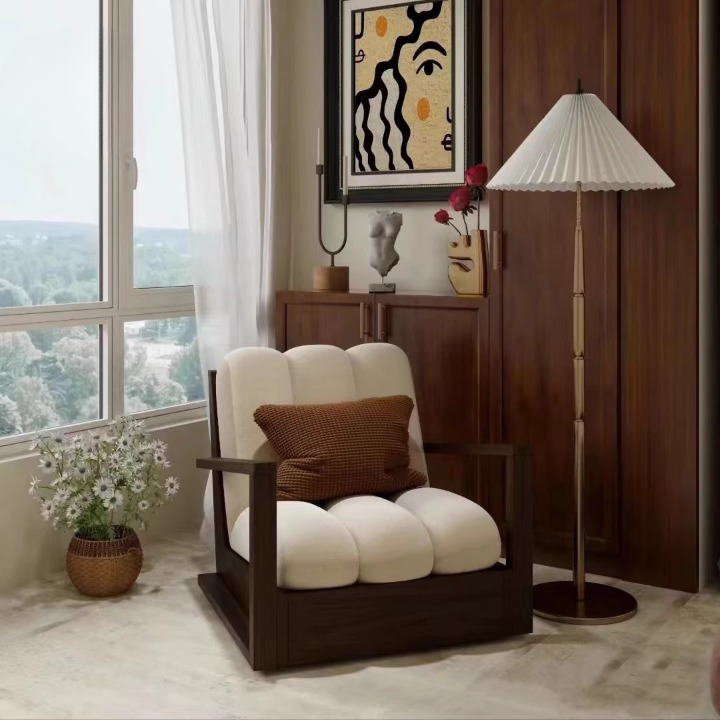 Solid Wood Accent Chair with Cream Velvet Cushions, Walnut Finish