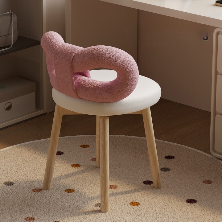 Pink 360° Swivel Vanity Chair with Bow Backrest, Sherpa Upholstered Makeup Stool with Padded Leather-Look Seat and Solid Wood Legs for Bedroom or Dressing Room