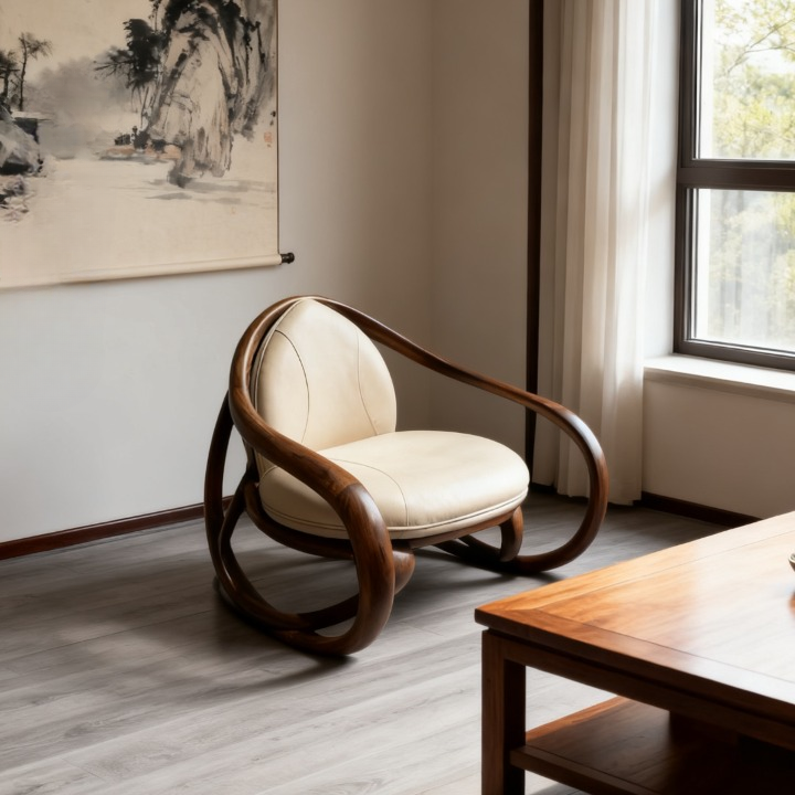 Ash Wood Loop Arm Accent Chair with Cream Cushion