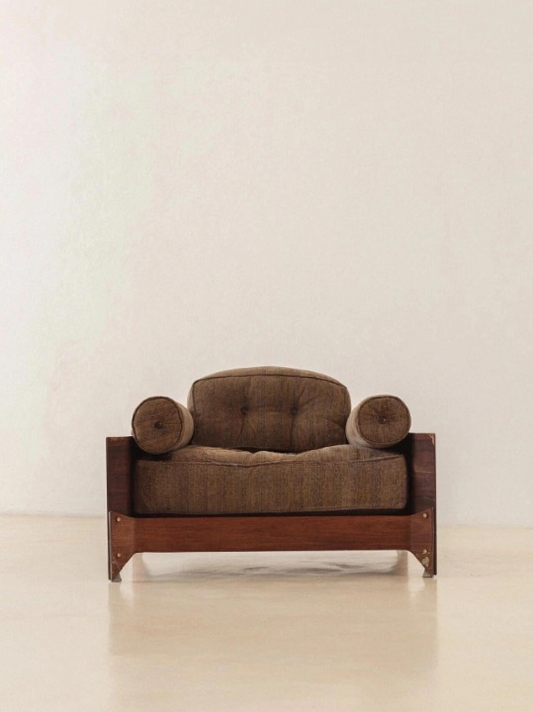 Brown Chenille Lounge Chair, Solid Wood Accent Chair with Bolster Pillows, Vintage Upholstered Armchair, Low Profile Single Sofa Chair for Living Room, Bedroom, Balcony and Hotel Lounge