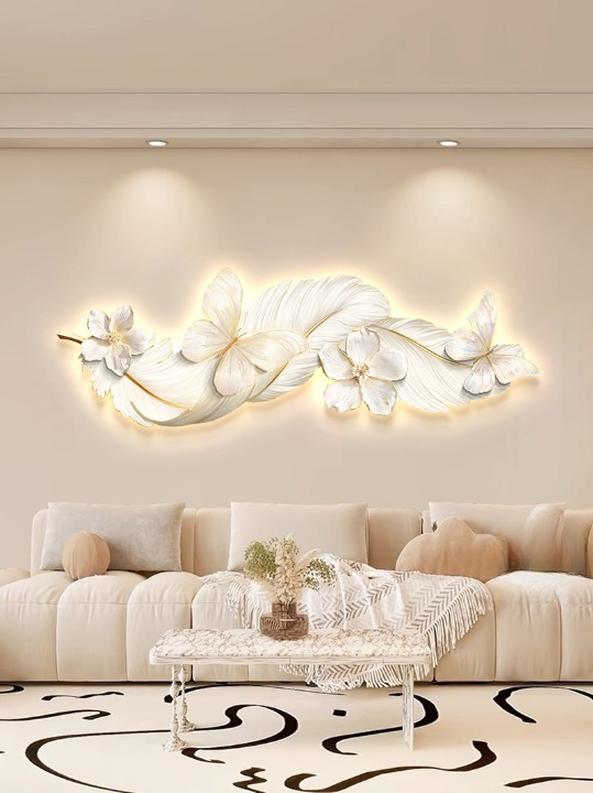Modern White Floral Wall Art 39 x 14 Inch, 3D Feather Botanical Wall Decor