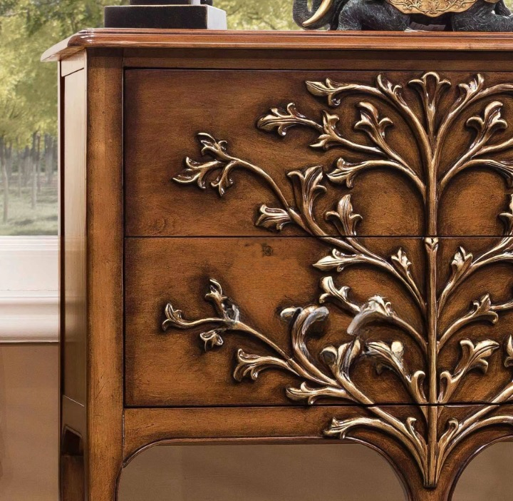 Chestnut Brown Solid Wood 2-Drawer Accent Cabinet, French Neoclassical Entryway Chest with Ornate Tree Carving, Narrow Hallway Storage Cabinet for Foyer, Living Room and Bedroom