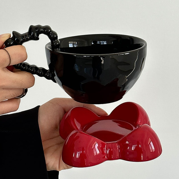 Black Ceramic Coffee Cup with Red Bow Saucer and Spoon Gift Set