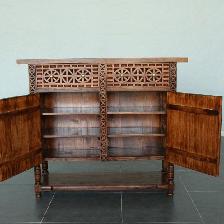 Hand-Carved Solid Wood Entryway Cabinet, 2-Door Storage Sideboard with 2 Drawers, Geometric Floral Cutout Panels, Lower Shelf and Turned Legs for Foyer, Living Room or Dining Room