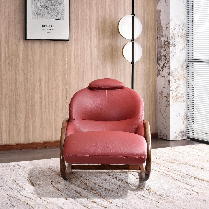 Burgundy Leather Rocking Lounge Chair with Wood Frame and Footrest