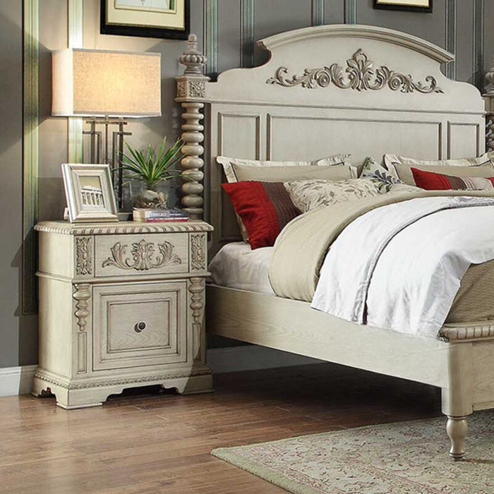 Antique Ivory Oak Nightstand with Hand-Carved Drawer and Cabinet Door, Rustic French Country Bedside Table, Solid Wood Storage Cabinet for Bedroom &amp; Living Room