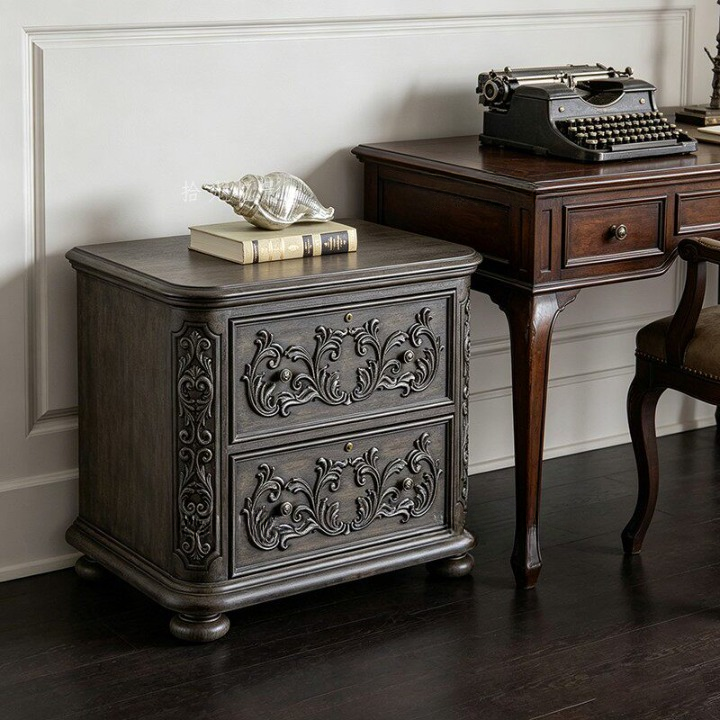 Dark Brown 2-Drawer Nightstand with Silver Scrollwork