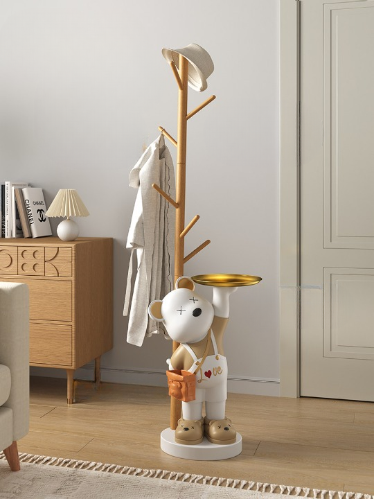 Modern Freestanding Coat Rack with Decorative Bear Statue and Storage Tray, Solid Wood Hall Tree with Hooks for Entryway, Bedroom, Living Room and Office, Natural Wood and White