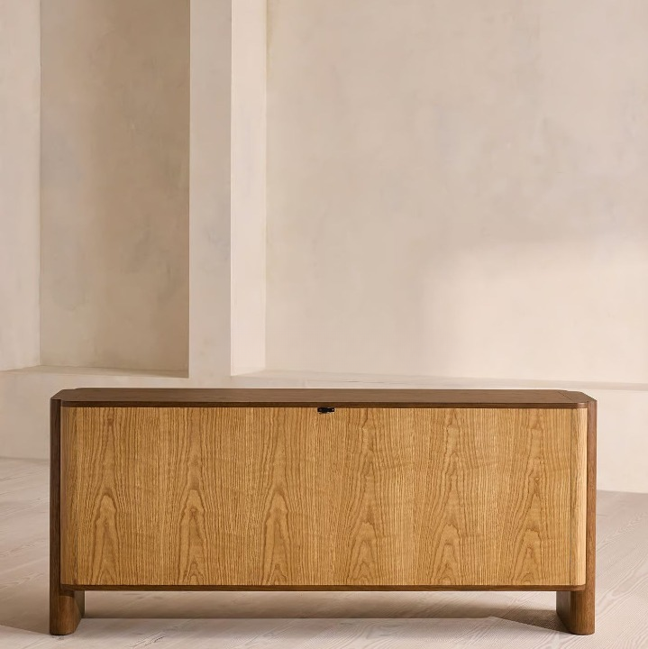 Solid Wood Carved Sideboard Buffet Cabinet, Textured Door Storage Credenza TV Console for Dining Room, Living Room, Hotel, Villa, Natural Wood Finish