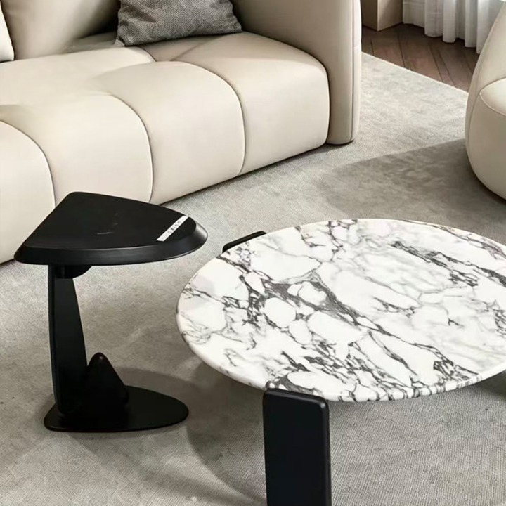 Round Stone Top Coffee Table Set with Sculptural Side Table, Gray