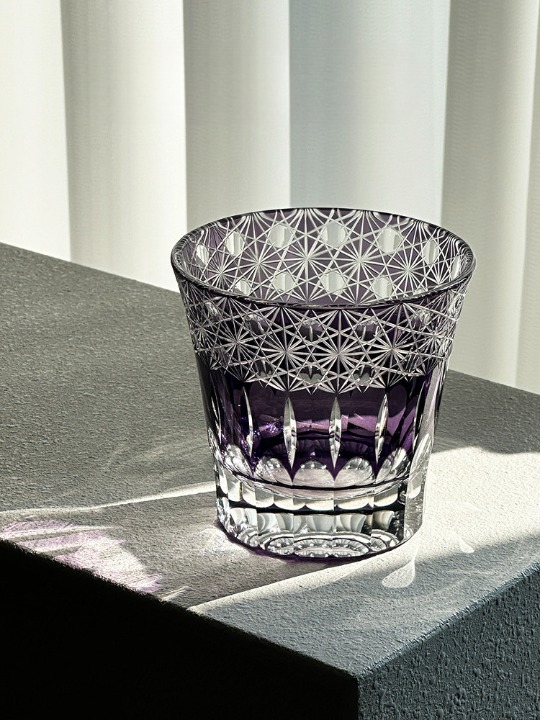 Purple Cut Glass Whiskey Tumbler, Heavy Base Rocks Glass with Starburst Geometric Pattern for Bourbon, Scotch, Cocktails and Home Bar Gift, Single Glass