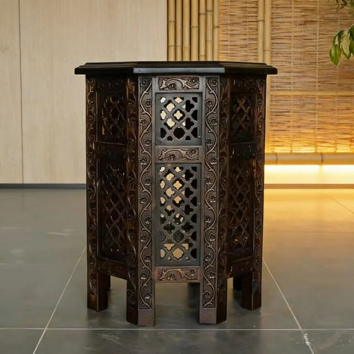 Hand-Carved Solid Wood Side Table, Square Pedestal End Table with Ornate Lattice Panels and Dark Coffee Finish for Living Room, Bedroom or Entryway