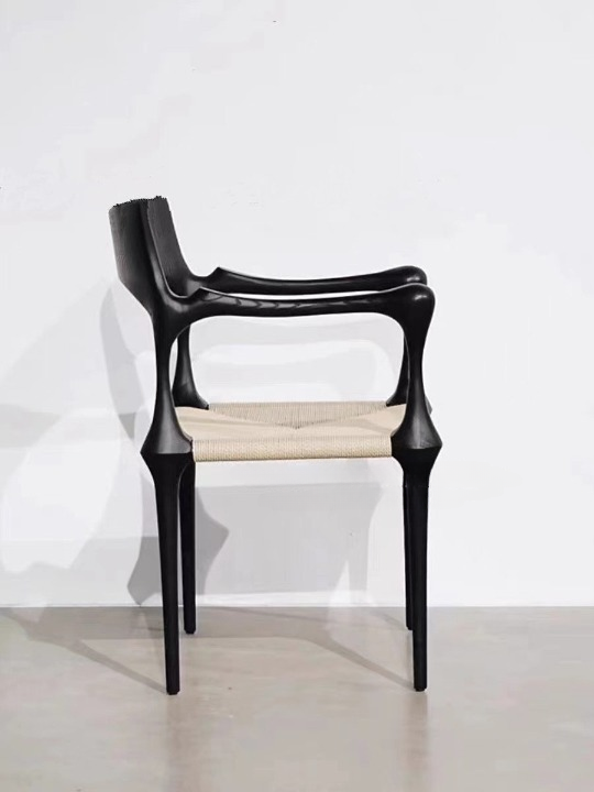 Black Sculptural Wood Dining Chair with Cane Seat, Modern Artistic Armchair, Solid Wood Accent Chair for Dining Room, Kitchen, Cafe, Reading Nook, and Designer Style Interiors
