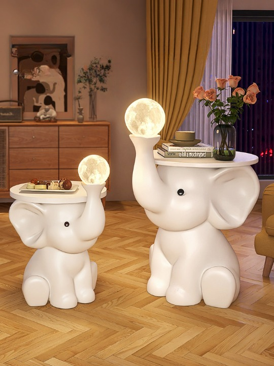 Cream White Resin Elephant Side Table with Round Wood Top and 3-Color Touch Moon Night Light, Modern Cute Accent End Table for Living Room, Bedroom, Nursery and Sofa Side