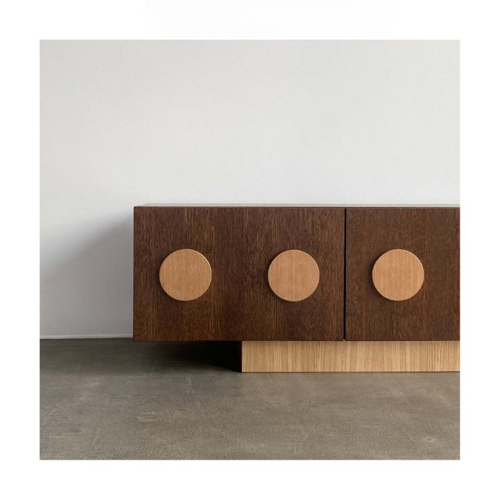 Dark Wood Sideboard Cabinet, 4 Door Storage Credenza with Round Wood Pulls, Wabi Sabi Buffet Cabinet for Dining Room, Living Room, Entryway or Hallway