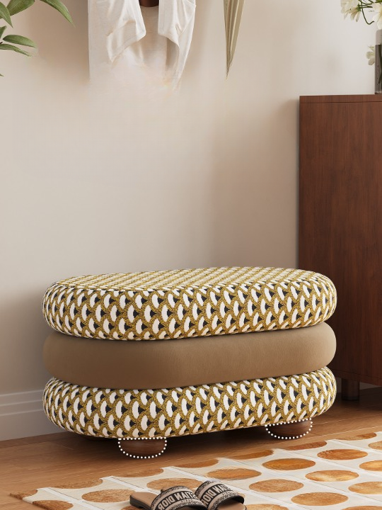 Yellow Chenille Ottoman Bench with Solid Wood Frame