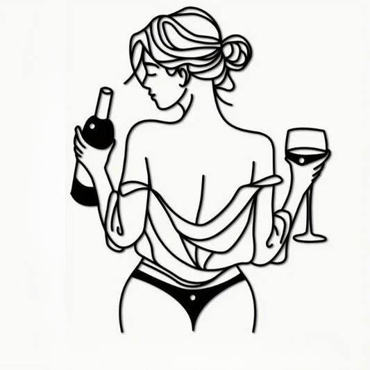 Black Metal Female Silhouette Wall Art, Minimalist Woman with Wine Bottle and Glass Line Art Wall Decor, Modern Metal Wall Hanging for Bedroom, Living Room, Dining Room, Bar