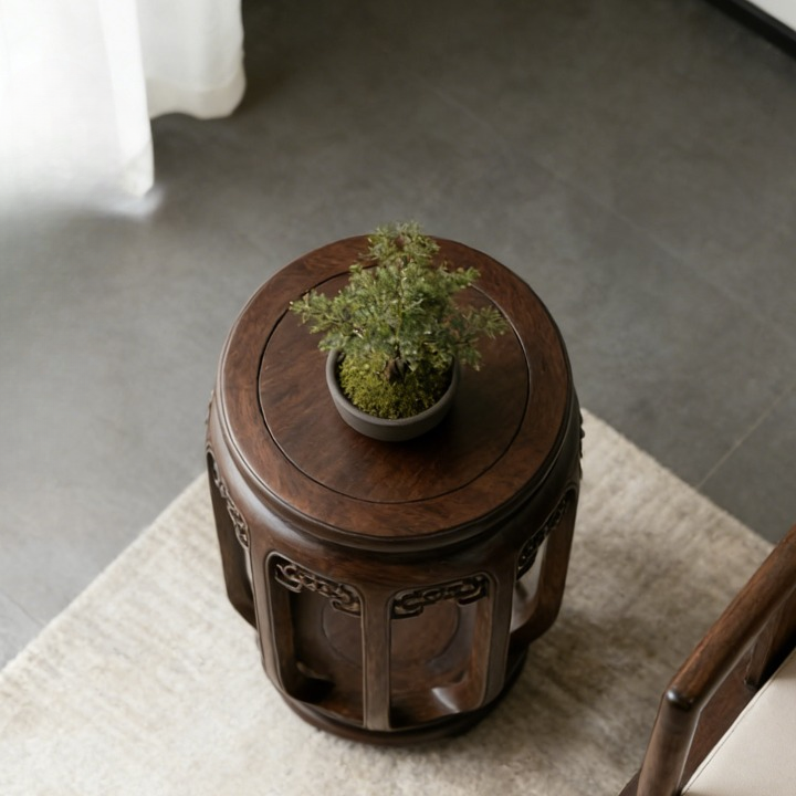 Ash Wood Round Side Table with Carved Openwork Frame