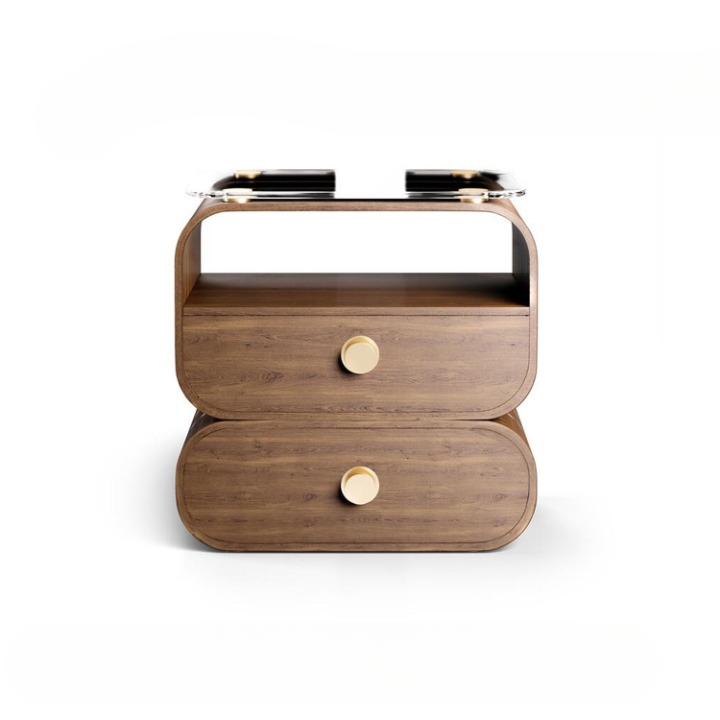 Walnut 2-Drawer Nightstand with Open Shelf and Glass Top