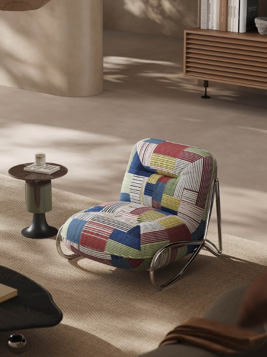 Bauhaus Patchwork Accent Chair, Modern Upholstered Lounge Chair with Metal Sled Base, Armless Single Sofa Chair for Living Room, Bedroom, Reading Nook and Balcony