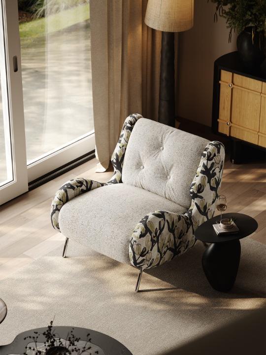 Cream Floral Jacquard Accent Chair with Padded Arms and Metal Legs