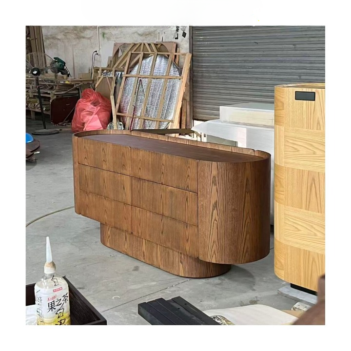 Natural Wood Sideboard Cabinet, Rounded Storage Credenza with 6 Drawers, Wabi Sabi Buffet Cabinet for Dining Room, Living Room, Entryway or Hallway
