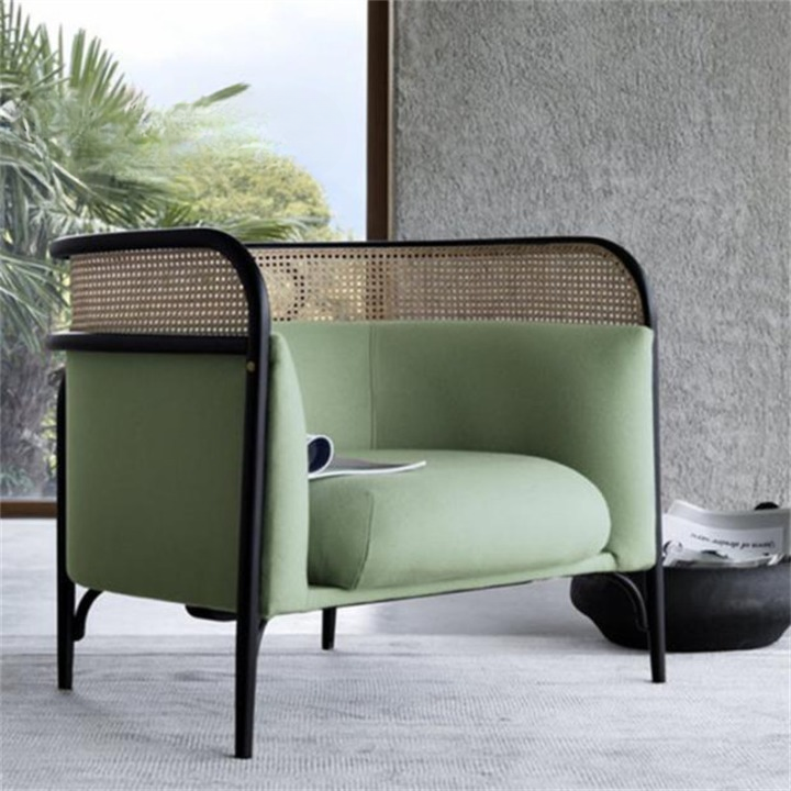Sage Green Accent Chair with Cane Back, Upholstered Barrel Armchair with Black Frame, Modern Rattan Lounge Chair for Living Room, Bedroom, Cafe, Hotel Lobby, Reception Area