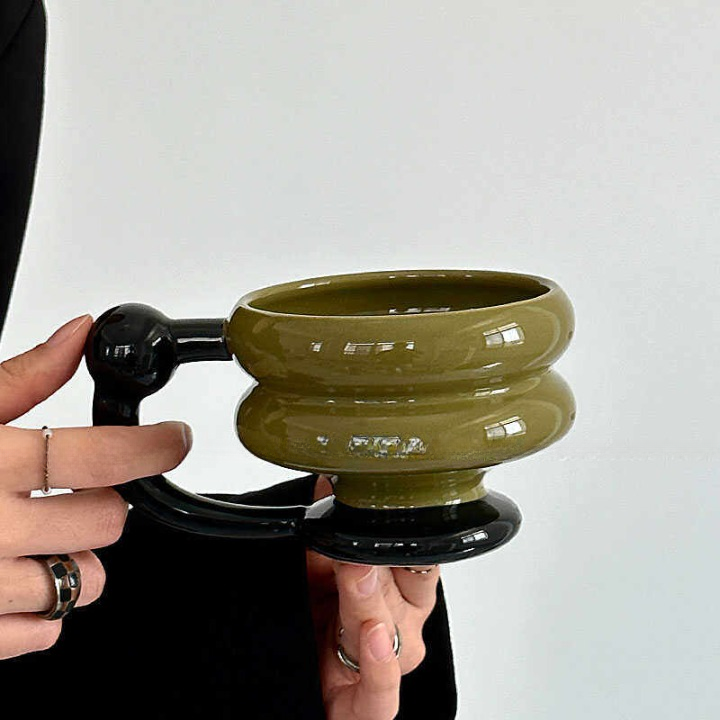 Green and Black Ceramic Coffee Mug with Sculptural Handle Gift Box