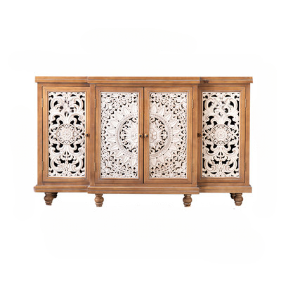 Distressed Carved Wood Sideboard Cabinet, 4 Door Vintage Style Buffet Credenza with White Scrollwork Panels, Solid Wood Storage Cabinet for Dining Room, Entryway and Living Room
