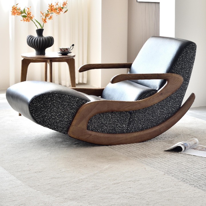 Black Upholstered Rocking Lounge Chair with Solid Wood Frame and Footrest