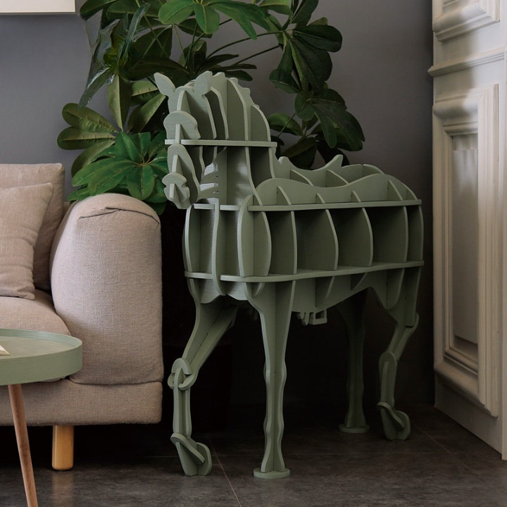 Sage Green Horse Bookcase with Open Display Shelves, 58.7 In Wide