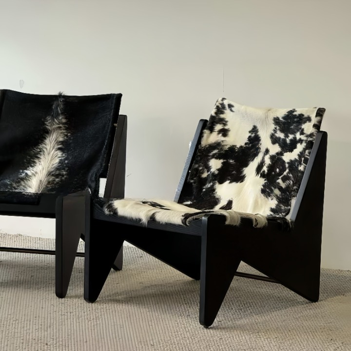 Cowhide Accent Chair with Black Solid Wood Frame, Modern Lounge Chair
