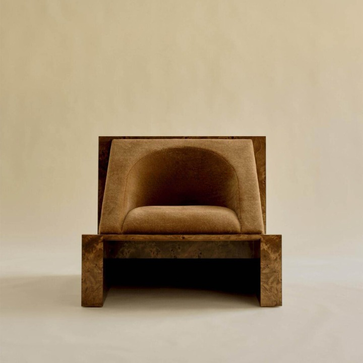 Modern Burl Wood Accent Chair, Brown Upholstered Lounge Chair with Geometric Frame, Wabi Sabi Single Sofa Chair for Living Room, Bedroom, Hotel Lobby, Office, Reading Corner