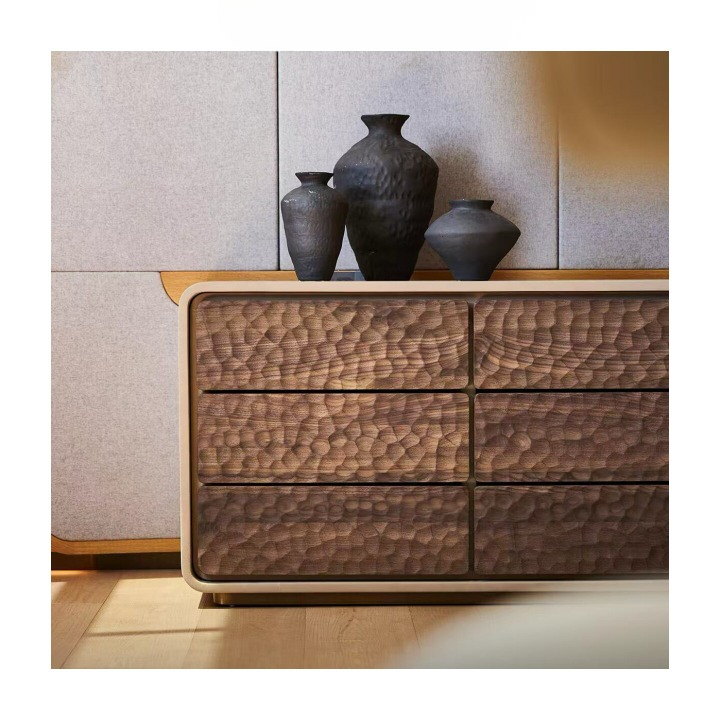 Solid Wood 9 Drawer Dresser, Textured Hammered Front Storage Cabinet, Wabi Sabi Low Chest of Drawers for Bedroom, Living Room, Entryway or Hallway
