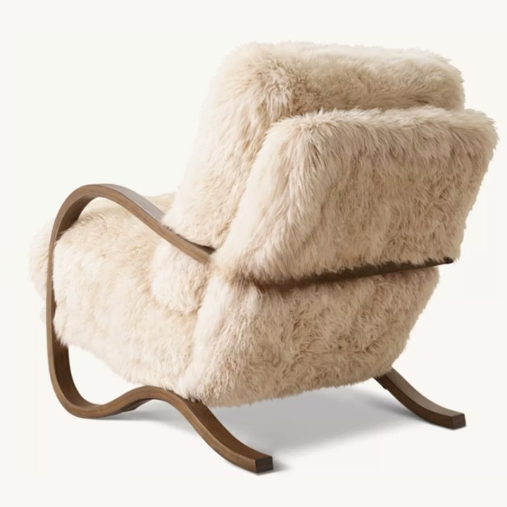 Faux Shearling Accent Chair with Curved Wood Arms, Plush Upholstered Lounge Chair for Living Room, Bedroom, Cafe, Hotel, Reading Nook, Cream