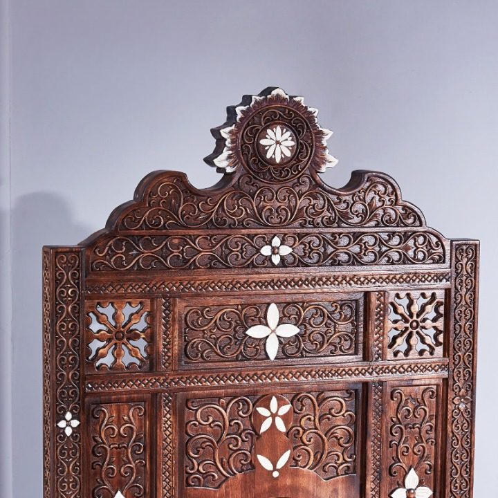 Tall Dark Brown Solid Wood Accent Armchair, Ornate Southeast Asian-Inspired Carved High-Back Chair with White Inlay Accents and Purple Cushion for Living Room, Hotel Lounge and Entryway