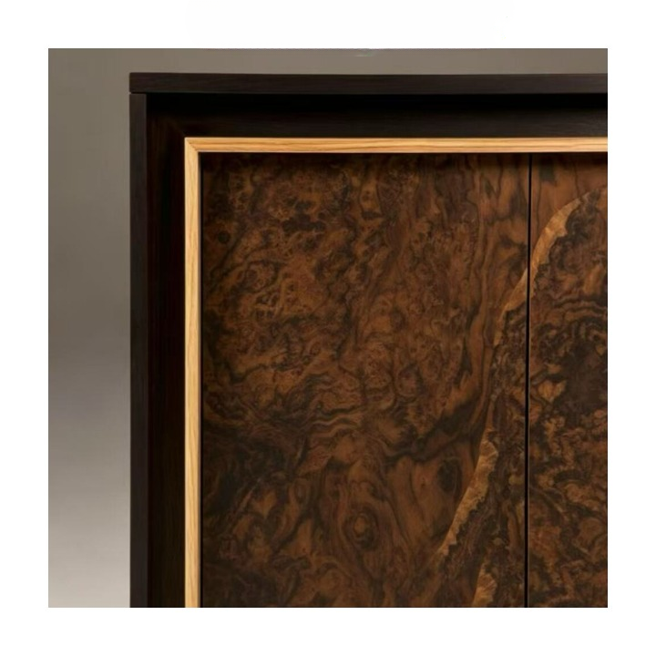 Burl Wood Grain Sideboard Cabinet, Low Dining Room Storage Cabinet with Black Frame and Gold Trim, Vintage Wabi Sabi Console for Living Room Entryway