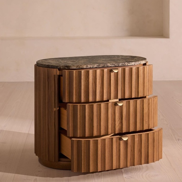 Marble Top Fluted Wood Nightstand, 3-Drawer Bedside Cabinet for Bedroom, Guest Room, Villa, Hotel, Sofa Side Table, Natural Brown
