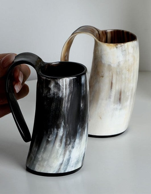 Natural Horn Beer Mug, 10.6 oz Handmade Viking Style Drinking Cup with Handle, Rustic Cow Horn Mug for Cold Drinks, Beer, Juice, Mead, Outdoor Parties, Bar Decor and Gift, Set of 1