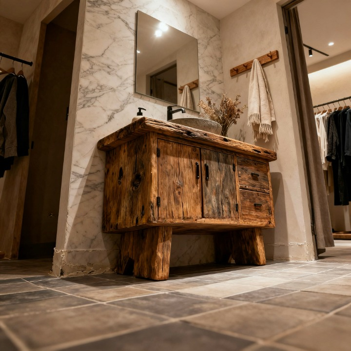 Rustic Reclaimed Wood Bathroom Vanity, Freestanding Bathroom Cabinet with Vessel Sink and Faucet, Weathered Wood Washstand with Doors and Drawers for Hotel, Villa and Powder Room