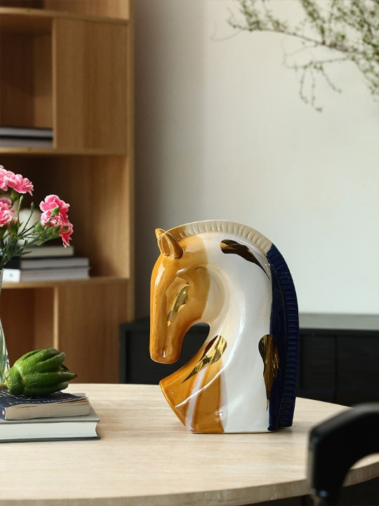 Ceramic Horse Head Sculpture with Gold Detail, Modern Artistic Tabletop Figurine for Living Room, Entryway, TV Console, Office Desk or Bookshelf Decor