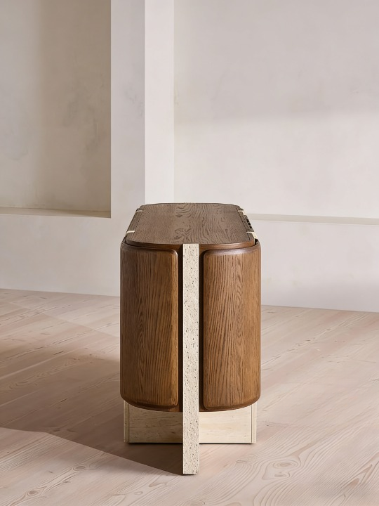 Travertine and Wood Sideboard Cabinet, Modern Buffet Storage Cabinet with Rounded Doors, Dining Room Credenza, Living Room Accent Cabinet, Entryway Cabinet and TV Console