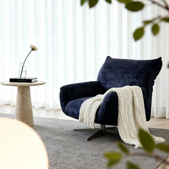 Blue Chenille Swivel Accent Chair, Upholstered Lounge Chair with Metal Rotating Base for Living Room, Bedroom, Balcony and Reading Corner