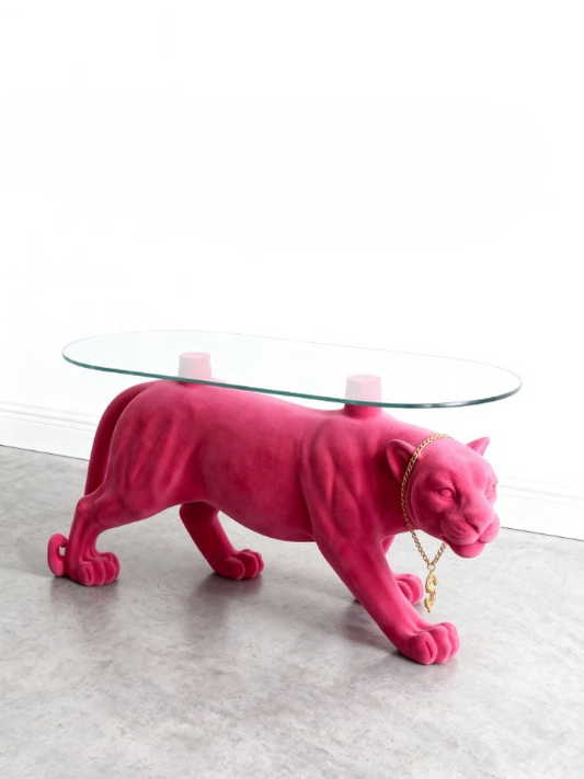 Pink Flocked Leopard Glass Coffee Table, Sculptural Animal Base Accent Side Table with 8mm Smoked Tempered Glass Top, Modern Statement Center Table for Living Room, Lounge, Bar and Apartment