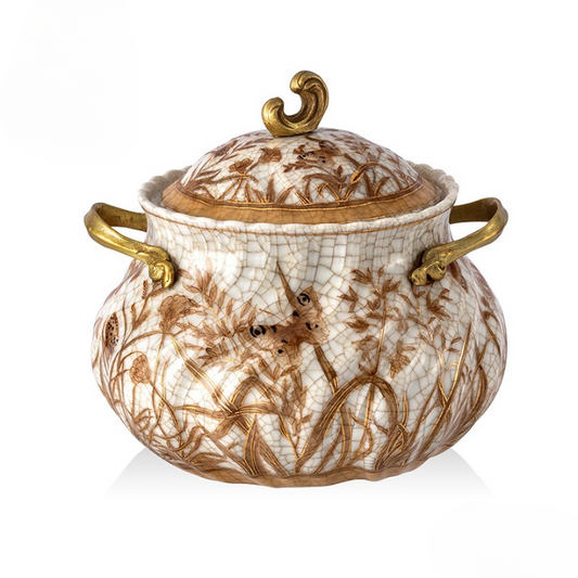 Ivory Crackle Glaze Ceramic Lidded Jar with Gold-Tone Handles
