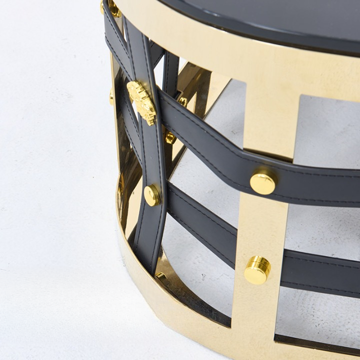 Modern Black Glass Coffee Table, Rounded Triangle Coffee Table with Gold Stainless Steel Frame, Saddle Leather Lattice Accent, Contemporary Center Table for Living Room and Lounge