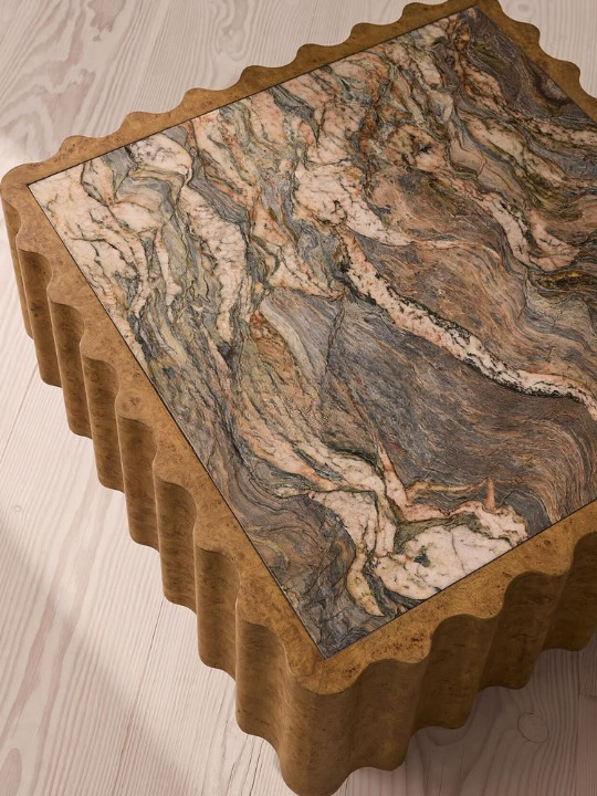 Square Marble Top Coffee Table, Burl Wood Accent Cocktail Table for Living Room